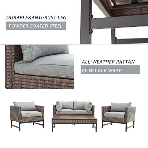 Festival Depot 5 Pieces Patio Outdoor Conversation Set Wicker Sofa Chairs with Seating Back Cushions Metal Side Coffee Table Garden (Gray)