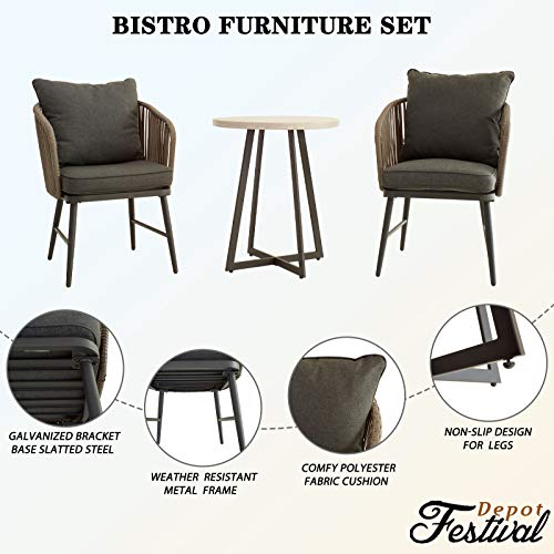 Festival Depot 3 Pcs Patio Bistro Set Outdoor Furniture with 2 Rattan Wicker Chair, Seat and Back Cushion and 1 Wood Grain Desktop Coffee Table