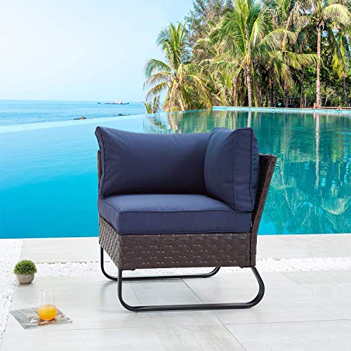Festival Depot Patio Dining Outdoor Bistro Furniture Corner Section Chairs Wicker Rattan Premium Fabric Soft & Deep Cushions with Side U Shaped Slatted Steel Legs for Garden Yard Poolside All-Weather