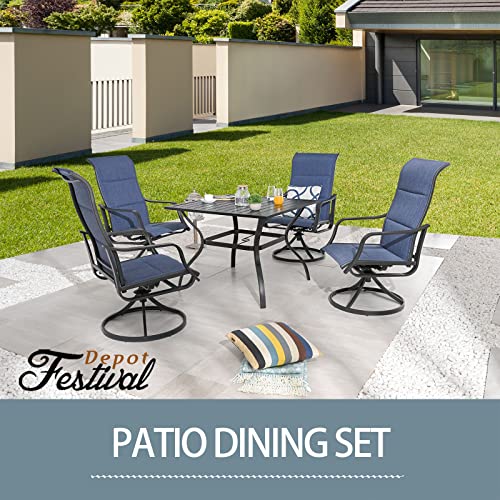 Festival Depot 5-Piece Patio Dining Sets Outdoor Furniture with Round Swivel Chairs Deck Table High Textilene Back and Metal Frame for Backyard Porch Lawn Garden