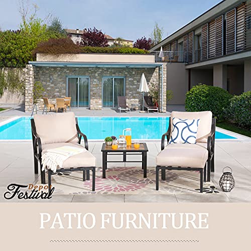 Festival Depot 5pcs Patio Bistro Set Metal Armchairs Ottomans with Cushions and Side Table All Weather Outdoor Furniture for Garden Balcony, Beige