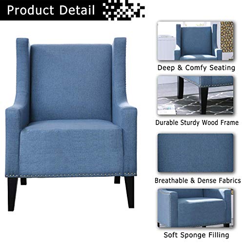 Festival Depot 1 Piece Indoor Modern Fabric Furniture Accent Arm Chair Single Sofa for Living Room Bedroom with Wingback and Comfortable Seat, 28.7" x 18.9" x 30.7", Blue