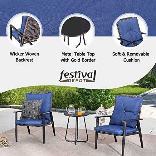 Festival Depot 3 Pcs Patio Bistro Set PE Wicker Conversation Set, Outdoor Furniture Armchairs with Cushions Metal Side Coffee Table for Backyard Porch Balcony Outside Poolside Lawn (Blue)