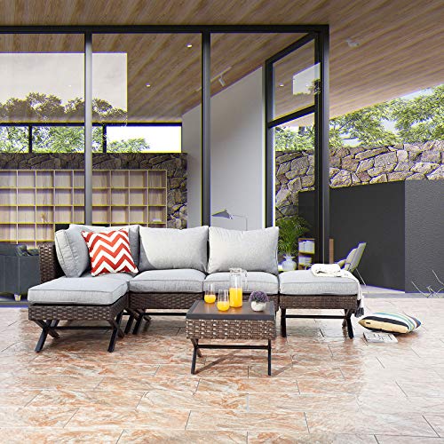 Festival Depot 6pcs Outdoor Furniture Patio Conversation Set Sectional Corner Sofa Chairs with X Shaped Metal Leg All Weather Brown Rattan Wicker Ottoman Side Coffee Table with Grey Seat Back Cushions
