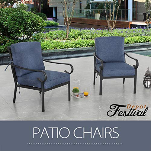 Festival Depot 2 pcs Outdoor Furniture Patio Dining Set All Weather Black Slatted Metal Frame Bistro Armchairs with Seat and Back Cushions for Deck Lawn Garden, Blue