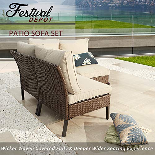 Festival Depot 3 Pieces Patio Conversation Set Sectional Corner Sofa Combination Outdoor All-Weather Wicker Metal Armless Chairs with Seating Back Cushions Garden Deck Poolside