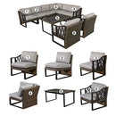 Festival Depot 9pcs Outdoor Furniture Patio Conversation Set Sectional Sofa Chairs All Weather Brown Rattan Wicker Slatted Coffee Table with Grey Thick Seat Back Cushions, Black