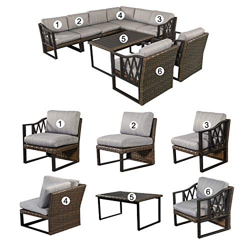 Festival Depot 9pcs Outdoor Furniture Patio Conversation Set Sectional Sofa Chairs All Weather Brown Rattan Wicker Slatted Coffee Table with Grey Thick Seat Back Cushions, Black