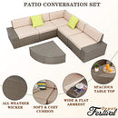 Festival Depot 6Pcs Outdoor Furniture Patio Conversation Set Sectional Rattan PE Wicker Sofa Set Corner Armless Chair Including Seat and Back Cushions with Washable Cover and Coffee Table