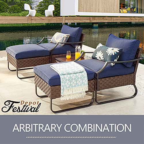 Festival Depot 3 Pieces Patio Furniture Set, All-Weather PE Rattan Wicker Metal Frame Sofa Outdoor Conversation Set Sectional Couch with Cushion Ottoman and Coffee Table for Deck Poolside (Blue)