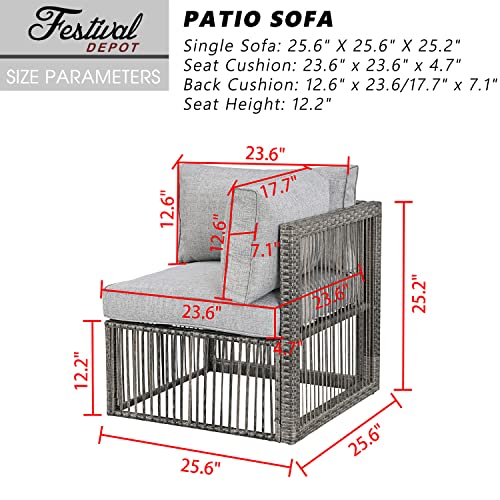 Festival Depot Wicker Patio Single Sofa, Outdoor Left-arm Chair, All-Weather Brown PE Rattan Couch Chair Waterproof Sectional Furniture for Balcony Garden Pool Lawn Backyard (Grey Thick Cushion)