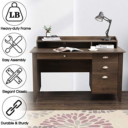 Festival Depot 53" Home Office Desk Writing Computer Desk Vintage Wood Style Laptop Table with Hutch and Sliding Track Drawers for Study Bedroom Workstation