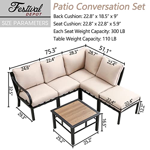 Festival Depot 6 Pieces Patio Conversation Set Sectional Corner Chair Ottoman with Cushions and Side Table All Weather Metal Outdoor Furniture for Deck Garden, Beige