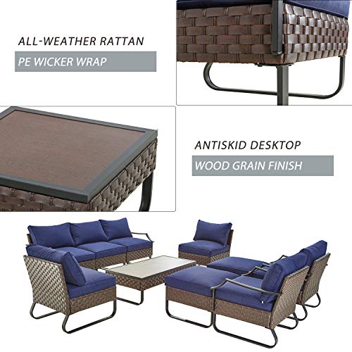Festival Depot 10 Pcs Patio Conversation Sets Outdoor Furniture Sectional Sofa with All-Weather PE Rattan Wicker Chair,Loveseat Coffee Table and Thick Soft Removable Couch Cushions(Blue)