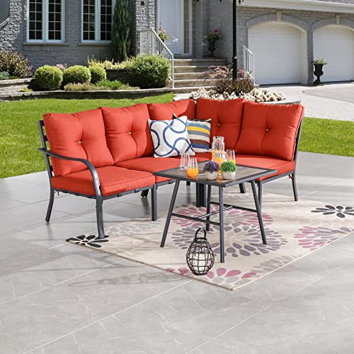 Festival Depot 5 Pcs Patio Conversation Set Sectional Sofa Chair Outdoor Furniture All-Weather Bistro Set with 1 Right-arm 1 Corner 2 Armless Chair 1 Side Table for Garden Porch Deck Backyard (Red)