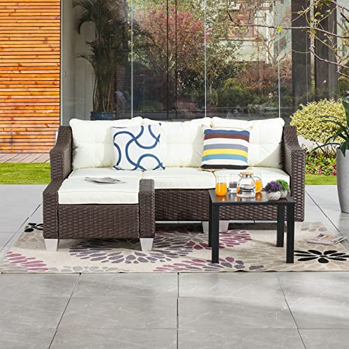 Festival Depot 5 Pcs Patio Conversation Set Outdoor Furniture Combination Sectional Sofa All-Weather PE Wicker Metal Armchairs with Seating Back Cushions Side Coffee Table Ottoman (Beige)