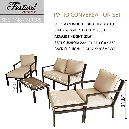 Festival Depot 7-Pieces Patio Outdoor Furniture Conversation Sets Loveseat Sectional Sofa, All-Weather Black Slatted Back Chairs with Coffee Table and Thick Soft Removable Couch Cushions(Beige)