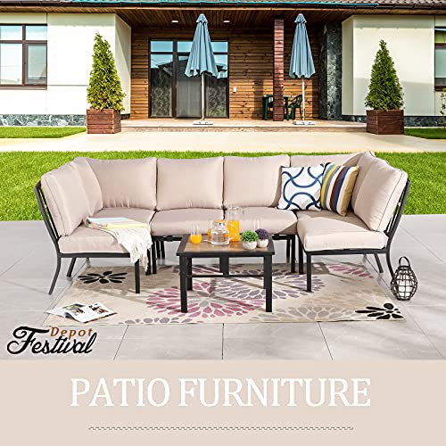 Festival Depot 7pcs Patio Conversation Set Sectional Chairs with Thick Cushions Corner Sofas and Side Coffee Table All Weather Metal Outdoor Furniture for Garden Backyard, Beige