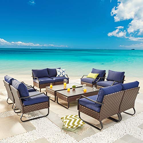 Festival Depot 10 Pcs Patio Conversation Sets Outdoor Furniture Sectional Sofa Loveseat with All-Weather PE Rattan Wicker Armchair,Coffee Table and Soft Removable Couch Cushions (Blue)