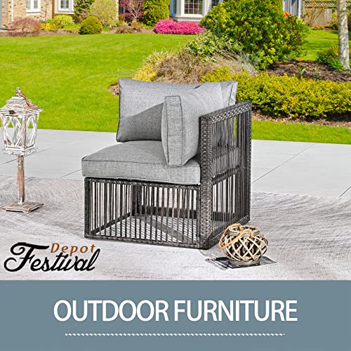 Festival Depot Wicker Patio Single Sofa, Outdoor Left-arm Chair, All-Weather Brown PE Rattan Couch Chair Waterproof Sectional Furniture for Balcony Garden Pool Lawn Backyard (Grey Thick Cushion)