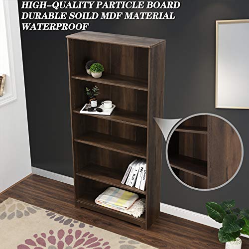 Festival Depot 5-Tier Bookcase Storage Organizer Cabinet Unit 66.3 Inches Height Decor Furniture Bookshelf with Adjustable Shelves Display Rack for Office Living Room