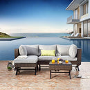 Festival Depot 5pcs Outdoor Furniture Patio Conversation Set Sectional Sofa Chairs with X Shaped Metal Leg All Weather Brown Rattan Wicker Ottoman Side Coffee Table with Grey Thick Seat Back Cushions