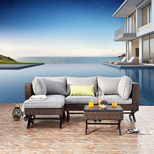 Festival Depot 5pcs Outdoor Furniture Patio Conversation Set Sectional Sofa Chairs with X Shaped Metal Leg All Weather Brown Rattan Wicker Ottoman Side Coffee Table with Grey Thick Seat Back Cushions