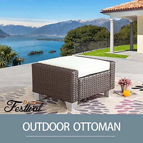 Festival Depot Patio Rattan Wicker Ottoman Outdoor Square Footrest with Removable Cushion Metal Frame Footstool All Weather Waterproof Furniture for Garden Yard Lawn (Beige), B-PF19009