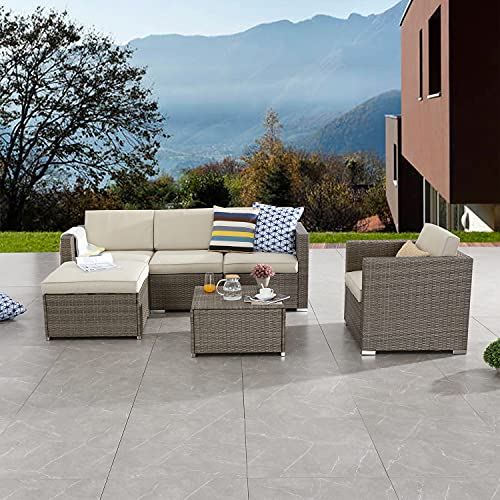 Festival Depot 6pcs Patio Furniture Set Outdoor Sectional PE Wicker Sofa Set Rattan Conversation Set with Coffee Table Ottoman and Washable Seat Cushions Beige and Grey