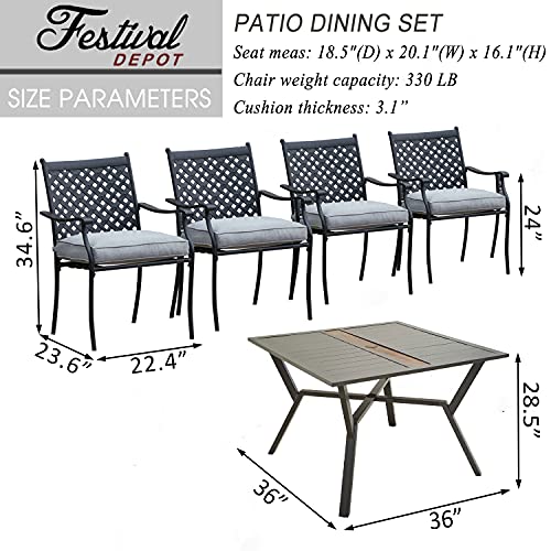 Festival Depot 5 Piece Patio Furniture Set 4 Outdoor Wrought Iron Dining Chairs with Thick Seat Cushions and Square Metal Table with 2.16" Umbrella Hole for Garden Yard Deck