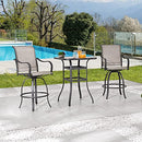 Festival Depot 3-Piece Bar Bistro Patio Outdoor Dining Furniture Sets High Stools 360å¡ Swivel Chairs with Slatted Steel Curved Armrest Square Coffee Side Table Tempered Glass Desktop