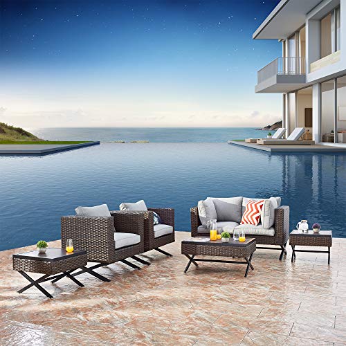 Festival Depot 7pcs Outdoor Furniture Patio Conversation Set Sectional Sofa Chairs with X Shaped Metal Leg All Weather Brown Rattan Wicker Rectangle Square Coffee Table with Grey Seat Back Cushions