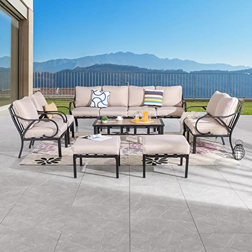 Festival Depot 11 Pieces Patio Conversation Set Sectional Sofa Armchair Ottoman with Thick Cushions and Coffee Table All Weather Metal Outdoor Furniture for Deck Garden, Beige