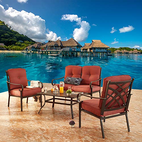 Festival Depot 4 Pieces Patio Conversation Set Loveseat Armchairs with Thick Cushions and Slatted Steel Top Coffee Table Metal Outdoor Furniture, Red