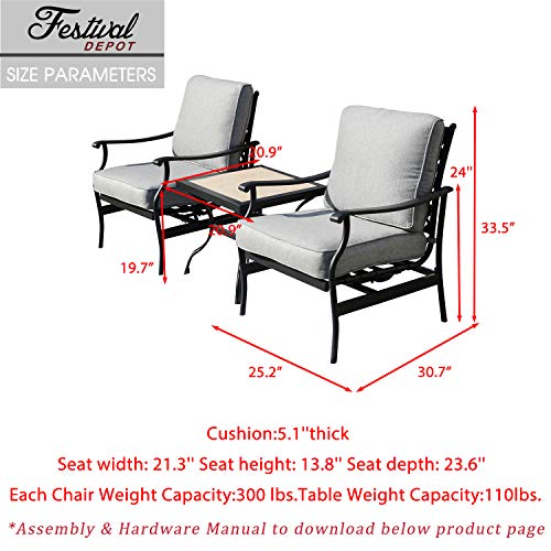 Festival Depot 3-Piece Patio Bistro Set Metal Dining Chairs with Thick Cushions and Ceramic Top Side Table All Weather Outdoor Furniture, Gray