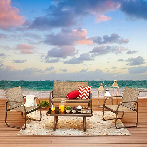 Festival Depot 4 Pieces Patio Furniture Outdoor Conversation Set with Metal Side Coffee Table Steel Armchairs Loveseat Round Angle Edge Summer Small Style