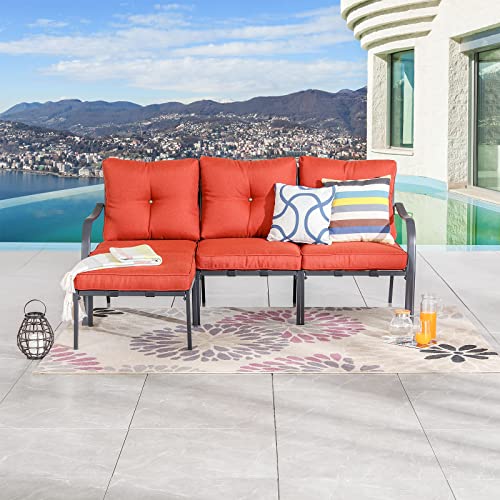 Festival Depot 4 Pcs Patio Conversation Set Sectional Sofa Chair Outdoor Furniture All-Weather Bistro Set with Metal Left&Right-arm Chair Armlesschair Ottoman for Garden Pool Porch Deck Backyard (Red)