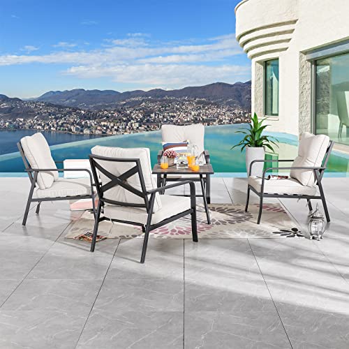 Festival Depot 5 Pcs Patio Bistro Sets Outdoor Conversation Furniture with 4 Dining Armchairs and 1 Square Coffee Table for Bar Indoor Home Garden Pool Porch (Beige)