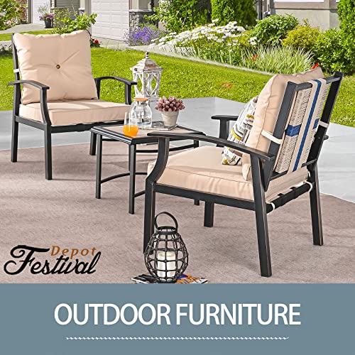 Festival Depot 3-Piece Patio Bistro Set Conversation Set Armchair Set with Side Coffee Table Outdoor Furniture with Hand-Woven Textilene Rope Backrest (Black Metal Frame with Beige Cushion)