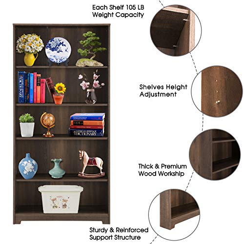 Festival Depot 5-Tier Bookcase Storage Organizer Cabinet Unit 66.3 Inches Height Decor Furniture Bookshelf with Adjustable Shelves Display Rack for Office Living Room
