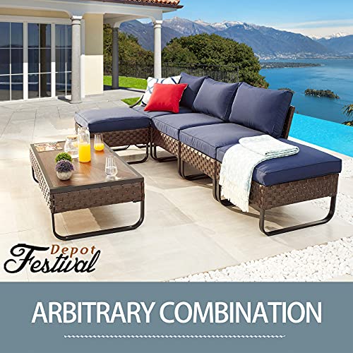 Festival Depot Outdoor Ottoman Patio Bistro Furniture Footstool Foot Rest with All-Weather Premium Fabric Soft Blue Cushion Brown Wicker Rattan and U Shaped Slatted Steel Legs for Garden Yard Lawn