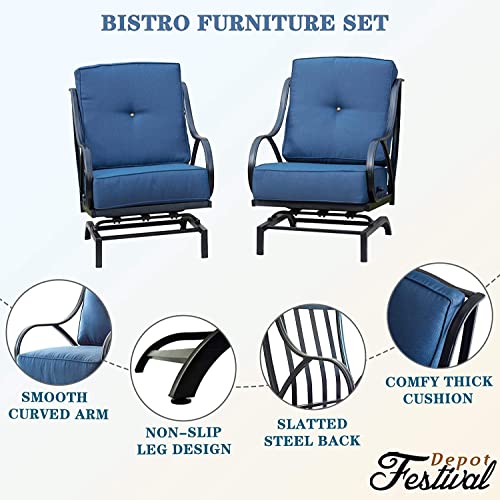 Festival Depot Patio Chair Set of 2 Metal Armchairs with Thick Cushions Outdoor Furniture for Bistro Deck Garden (Blue) (B-PF19110X2-B)