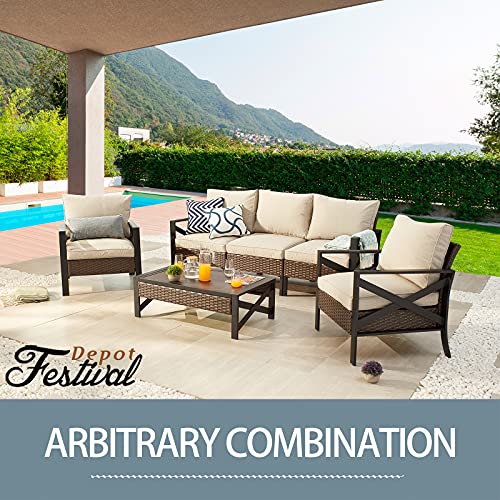 Festival Depot 4 Pieces Patio Furniture Set All-Weather Rattan Wicker Metal Frame Sofa Chair Outdoor Conversation Set Sectional Armrest Couch with Cushions and Coffee Table for Deck Poolside