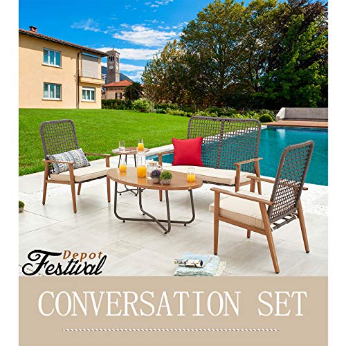 Festival Depot 5 Pieces Patio Outdoor Conversation Set with Metal Side Coffee Table Wooden-Color Steel Chairs Loveseat with Cushions