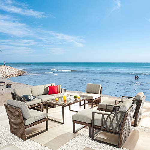 Festival Depot 10pcs Outdoor Furniture Patio Conversation Set Sectional Sofa Chairs All Weather Brown Wicker Ottoman Slatted Coffee Table with Thick Grey Seat Back Cushions, Black