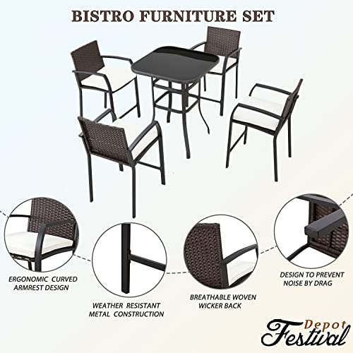 Festival Depot 5 Pcs Patio Bar Set of 4 Wicker Stools with Cushions Rattan High Stools with Armrests and Tempered Glass Top Counter Table in Metal Frame Outdoor Furniture for Bistro Garden