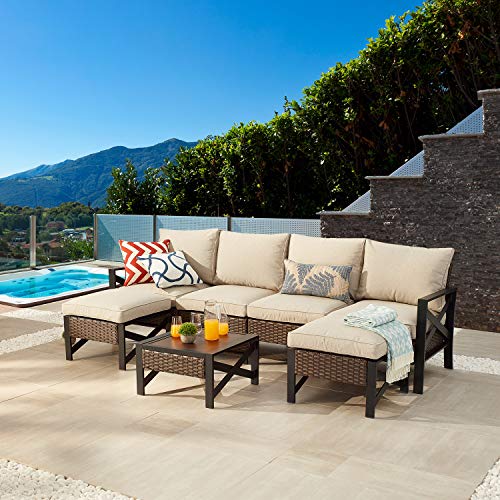 Festival Depot 7 Pieces Patio Outdoor Furniture Conversation Set Sectional Sofa with All-Weather Brown PE Rattan Wicker Back Chair, Coffee Table, Ottoman and Thick Soft Removable Couch Cushions