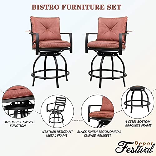 Festival Depot 6pcs Bar Bistro Outdoor Patio Furniture Set High Stool 360° Swivel Armrest Chairs with Comfort Cushion Square DPC Desktop Wood Grain Top Table Metal Steel Frame Leg All-Weather (Red)
