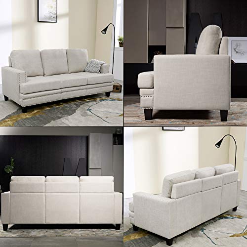 Festival Depot 1 Piece Indoor Modern Fabric Furniture Rivet Edge Armrest 3-Seat Sofa Couch for Living Room Bedroom with Comfortable Seat, 74.8" x 31.5" x 30.7"