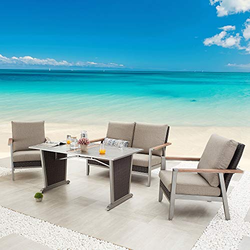 Festival Depot 4 Pieces Patio Outdoor Conversation Chairs Loveseat Set with Coffee Rectangle Table Metal Frame Furniture Garden Bistro Seating Thick Soft Cushions